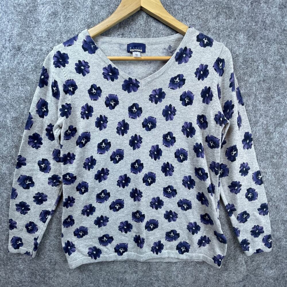 Basic Edition Sweater Womens Medium Gray Purple Floral Long Sleeve Y2K Boho
